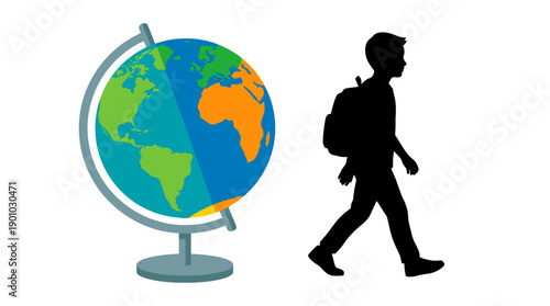 A globe with a silhouette of a person walking away with a backpack. Exploring knowledge, and the world of education. The globe has a colorful map, symbolizing geography and global awareness