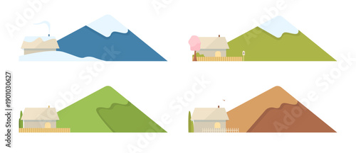 Set 4 season mountain house vector flat illustration winter spring summer autumn landscape minimalism
