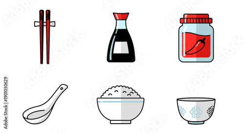 Collection of traditional Asian dining utensils and condiments displayed on a minimalist background with a focus on simplicity and elegance in a graphic illustration style