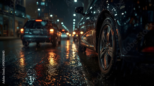 Macro Close-Up of Rainy Night Urban Traffic Details with Lights and Reflections