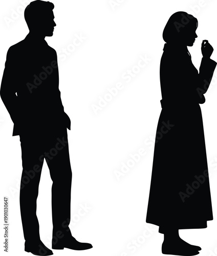 Couple silhouette illustration showing man and woman standing apart isolated on white background for relationship conflict emotional concept design