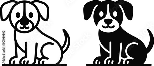 Cute dog icon illustration showing line and solid puppy character designs isolated on white background for pet logo graphic use