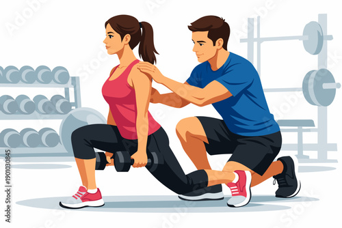 Personal Trainer Assisting Woman with Lunges Exercise in Gym