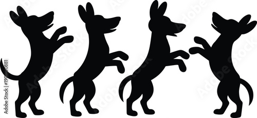 Dog silhouette illustration set showing playful puppy standing jumping poses isolated on white background for pet cartoon design
