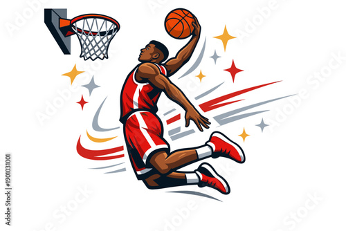 Basketball slam dunk illustration with athlete jumping to hoop for sport, competition and energy concept