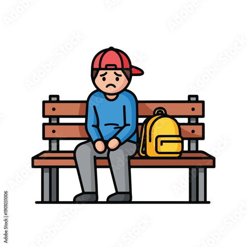 A distressed young man sits alone on a park bench with his backpack beside him, looking unhappy and dejected