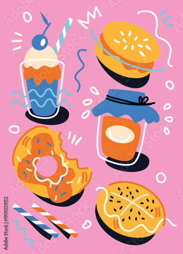A vibrant and playful vector composition featuring various sweets and snacks in a hand-drawn doodle style. Includes a bitten donut, a milkshake with a cherry, a honey or jam jar, and abstract decorati