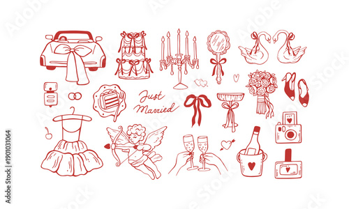 Romantic vibes hand drawn whimsical quirky collection. Wedding illustrations. Romantic design