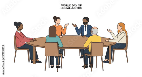 Illustration of diverse people discussing equality and human rights for World Day of Social Justice, promoting social justice and activism in a meeting setting with a clean white background.