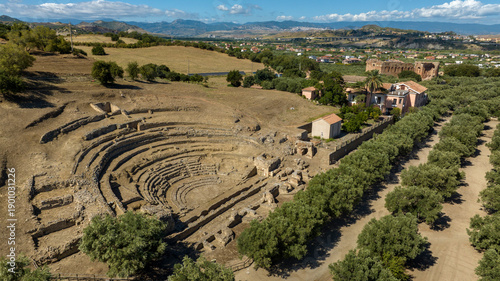 Aerial view of the ruins of the theater of Scolacium, known in Greek as Skylletion or Scylletium to the ancient Romans. It was an ancient city of Magna Graecia, near Catanzaro, Calabria, Italy.