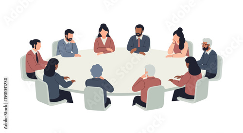 Diverse group of people sitting around a large table for a meeting, promoting social justice, equality, and human rights in a modern setting with a clean white background.