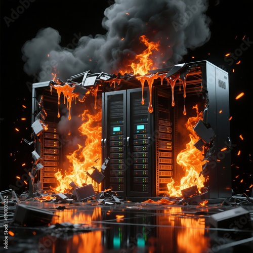Data center server cabinet engulfed in fire and orange molten drips with black smoke, tech disaster illustration on black background.