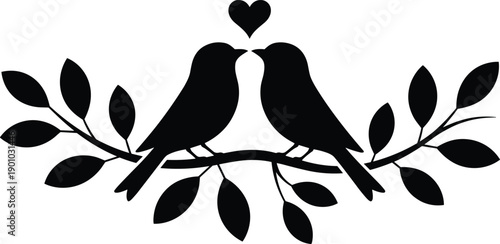 Love birds silhouette illustration showing romantic couple birds on branch with heart isolated on white background for wedding design