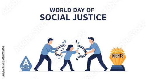 Illustration for World Day of Social Justice, depicting a human rights icon with people breaking chains, symbolizing equality, fairness, and freedom, against a simple background with