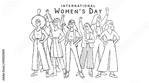International women’s day illustration with diverse women standing together. Female empowerment, equality and solidarity concept. Minimal line art style.