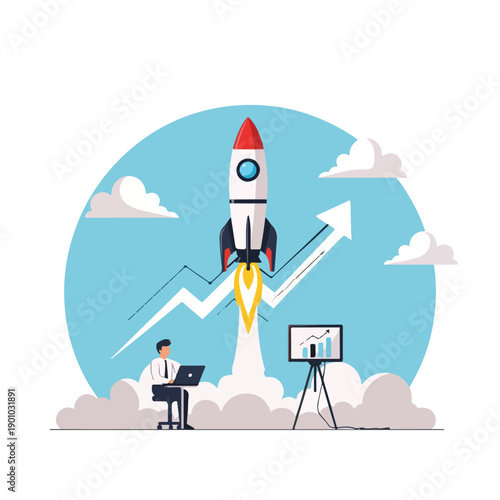 Rocket Launching Upwards with Person Working.