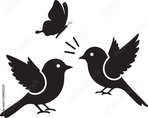 Two black birds talking to each other with a butterfly nearby