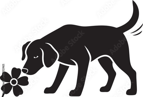 A black dog sniffs a flower on a white background