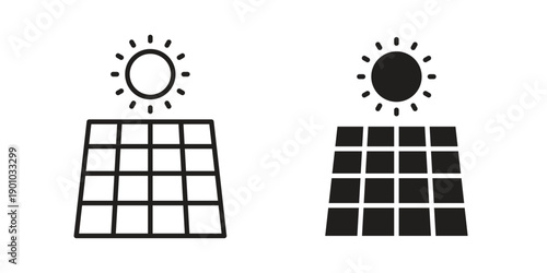 Solar panel icon vector pack. Thin linear and black flat style.