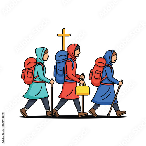 Pilgrims walking in procession with cross and staff through landscape scenery illustration