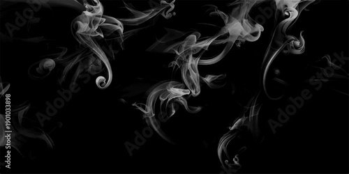 Smoke steam set of airborne particulates and gases emitted. Gray smokes or steam, for use on dark background.  Abstract, messy, splattered, sprayer texture. 