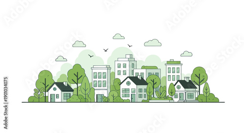 Modern Cityscape Illustration with Green Trees and Houses