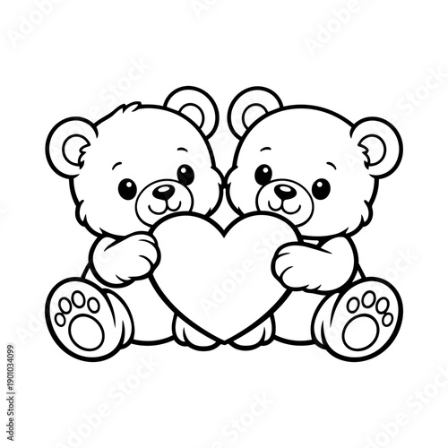 Cute Teddy Bears holding a Heart. Vector Illustration. Outline Design. Coloring Book Page. SVG. Transparent Background. Valentines Day. 