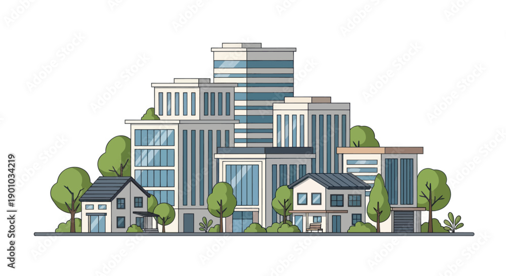 Naklejka premium Modern Cityscape with Diverse Buildings and Greenery