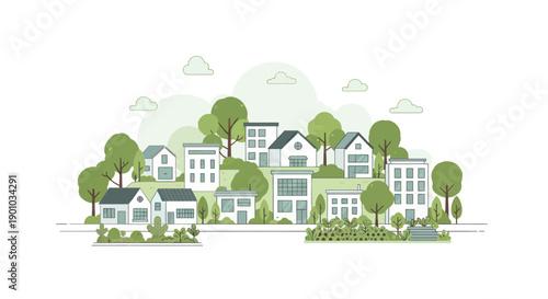 Modern Eco-Friendly Neighborhood: Green Hills with Diverse Houses and Trees