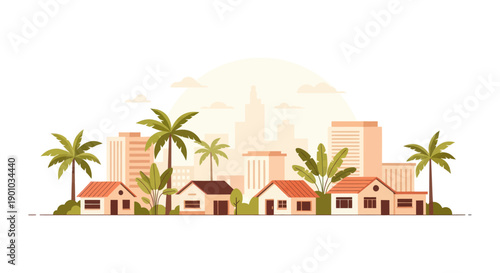 Suburban houses and palm trees with city skyline background, flat design illustration