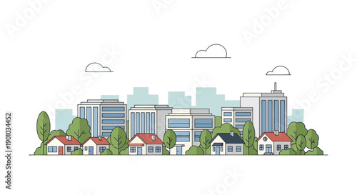 Modern cityscape with residential houses and office buildings, green trees, clouds