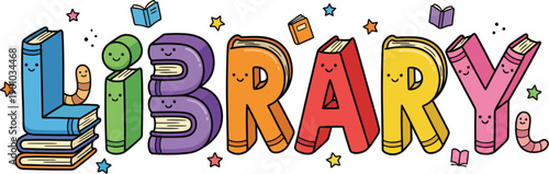 Cute book characters spelling LIBRARY, educational fun