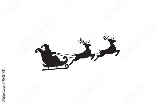 Santa claus riding sleigh pulled by flying reindeer silhouette for christmas holiday design and seasonal winter celebration greeting card elements