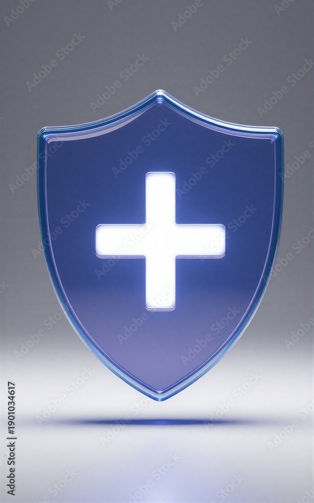 Fototapeta premium Luminescent shield with glowing cross, symbolizing protection and healthcare against dark background.