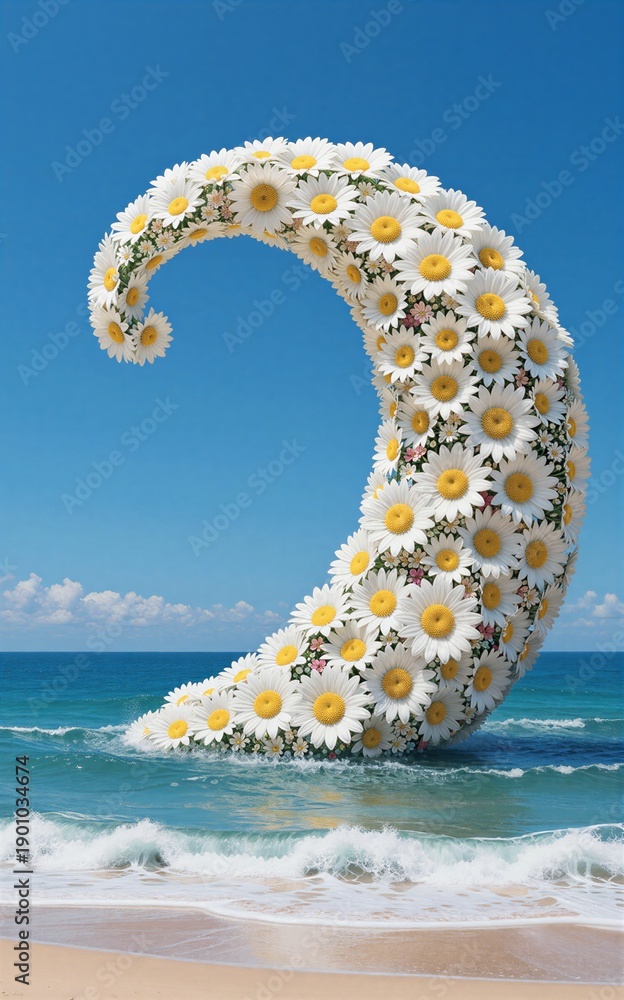 Fototapeta premium Daisy wave curls in ocean, sky backdrop. Bright flowers form natural arch over turquoise waters.