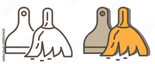 Broom and dustpan symbols for household tools, hygiene themes, and modern equipment with editable strokes. Home cleaning icon set in line and solid styles, isolated on a transparent background. 