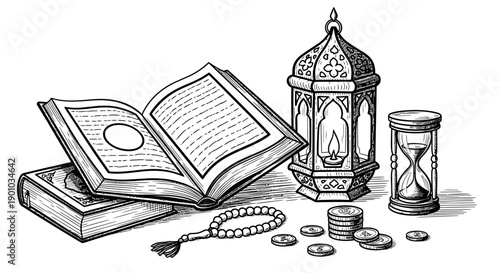 Ramadan Kareem Concept Line Art Illustration with Holy Quran, Lantern, Prayer Beads, Hourglass and Coins for Zakat. Islamic Religious Elements Hand Drawn Sketch