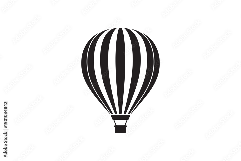 Fototapeta premium Black silhouette of a hot air balloon with vertical stripes and basket isolated on a white background icon for travel and adventure