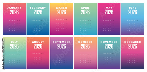 2026 minimal calendar templates set, week starts Monday. Gradient color.