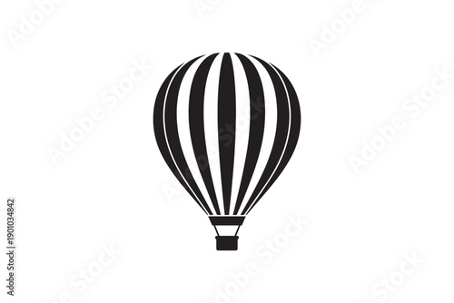 Black silhouette of a hot air balloon with vertical stripes and basket isolated on a white background icon for travel and adventure