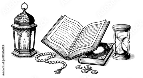 Detailed Vintage Engraving of Ramadan Islamic Elements Featuring Holy Quran, Traditional Lantern, Prayer Beads, Hourglass and Charity Coins in Woodcut Style