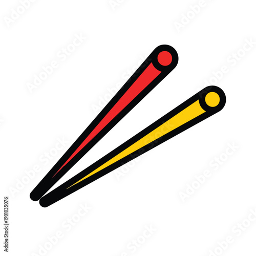 Two chopsticks, one red and one yellow, lying diagonally on a flat surface, viewed from directly above, showcasing their tips and handles.
