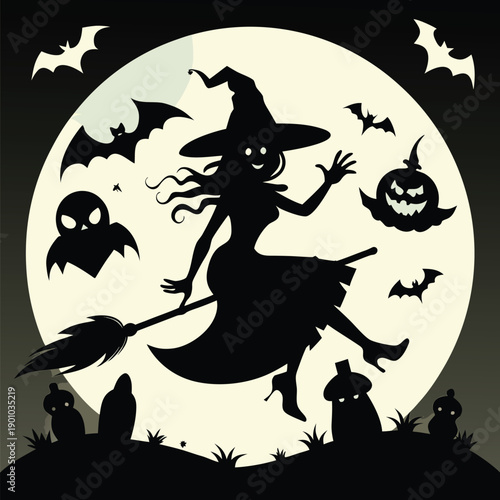 A whimsical black and white silhouette of a witch flying through a spooky night sky with bats and jack-o'-lanterns