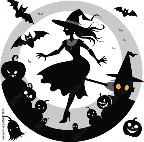A spooky witch flying through the haunted night with jack-o'-lanterns and ghostly creatures in a halloween-themed illustration
