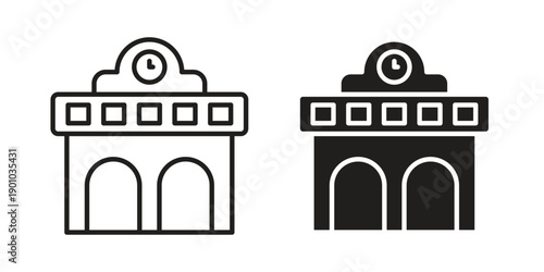 Train station building icon vector pack. Thin linear and black flat style.