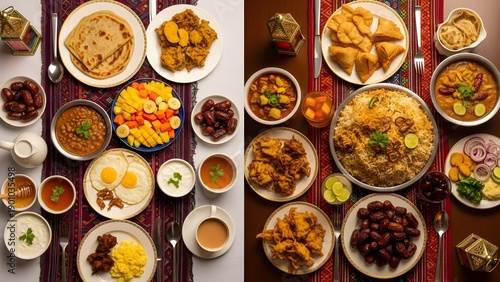 A festive ramadan iftar table abundant with delicious food and traditional lanterns