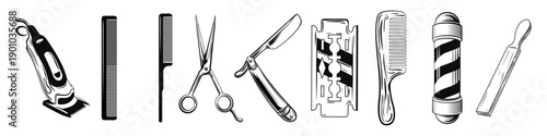Barber icon set vector illustration. barber tool set razor ,comb, clippers, shaving brush ,scissors, barber pole vector silhouette .