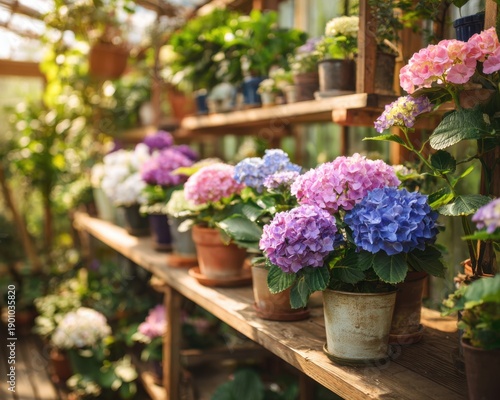 Wallpaper Mural Close-up of vibrant hydrangeas and colorful potted flowers displayed on wooden shelves inside a sunlit greenhouse. Lush greenery and natural light create a fresh, peaceful atmosphere Torontodigital.ca