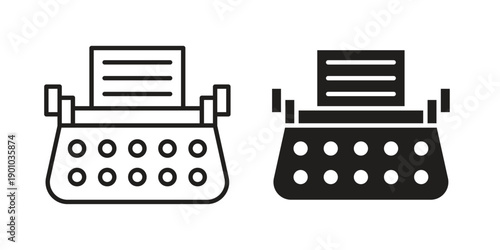 Typewriter icon vector pack. Thin linear and black flat style.