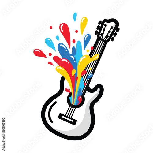 Vibrant Guitar Illustration with Colorful Paint Splatters Erupting from the Body